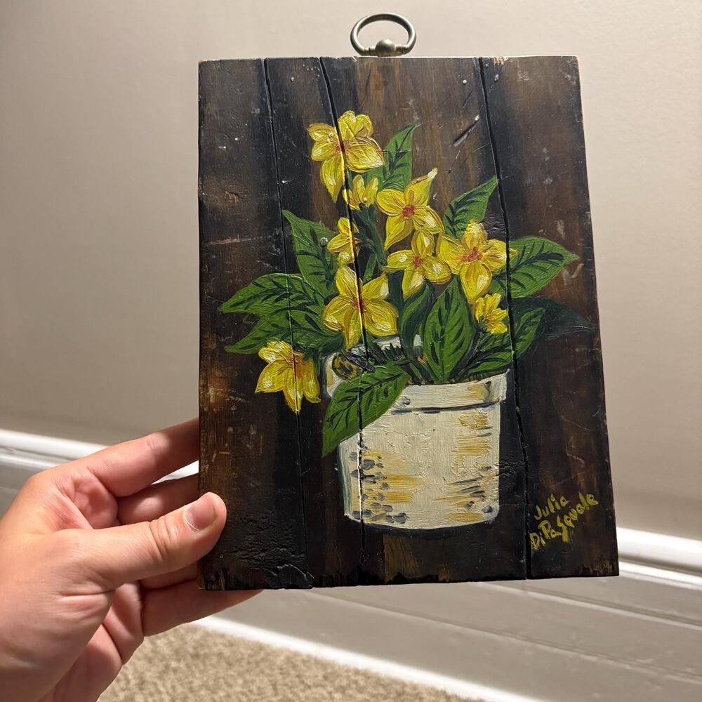 Vintage Floral Painting on a Wooden Backdrop with wall hook